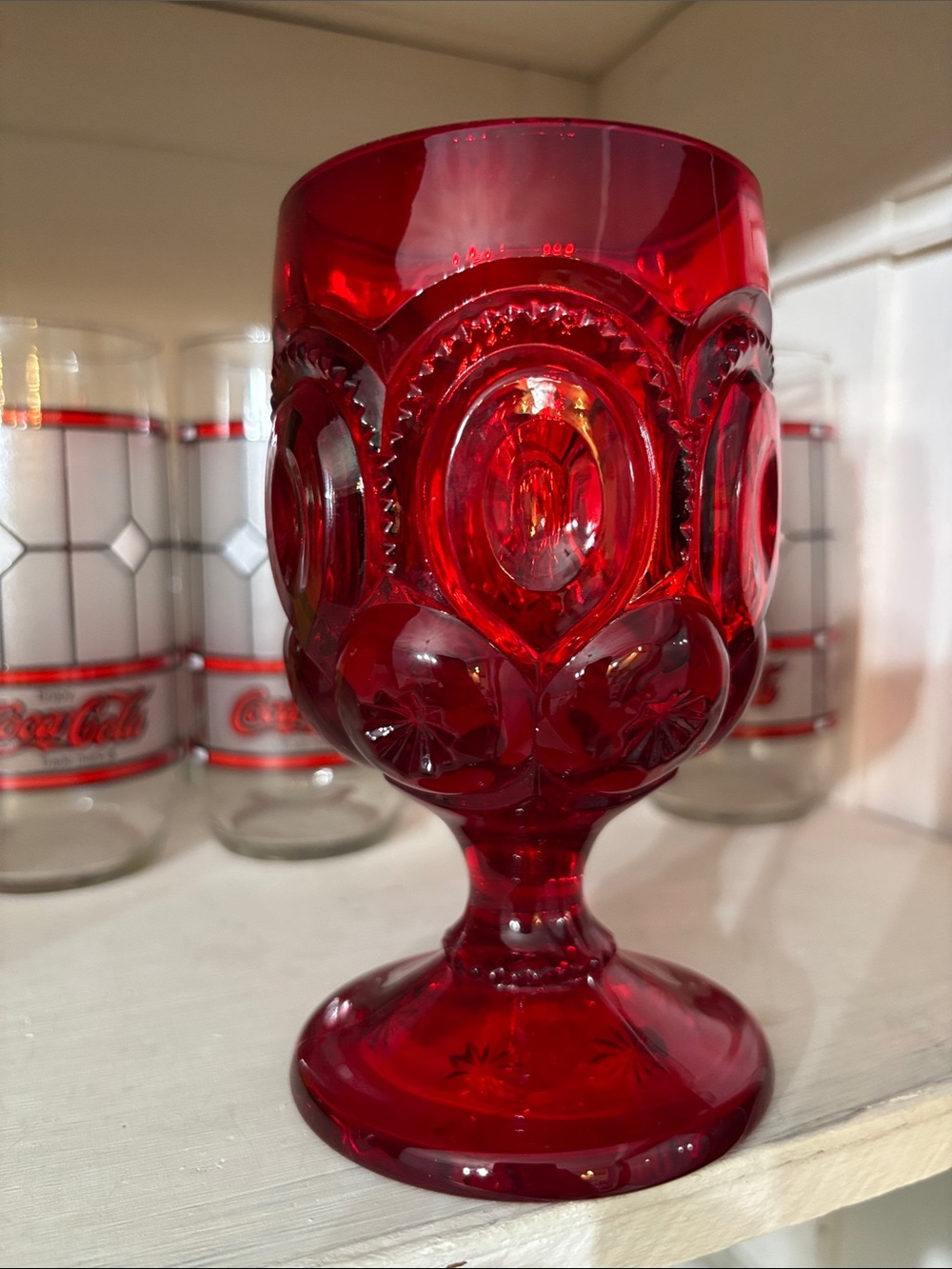 Ruby Red vintage L.E. Smith Glass Company "Moon and Stars" pattern water goblet